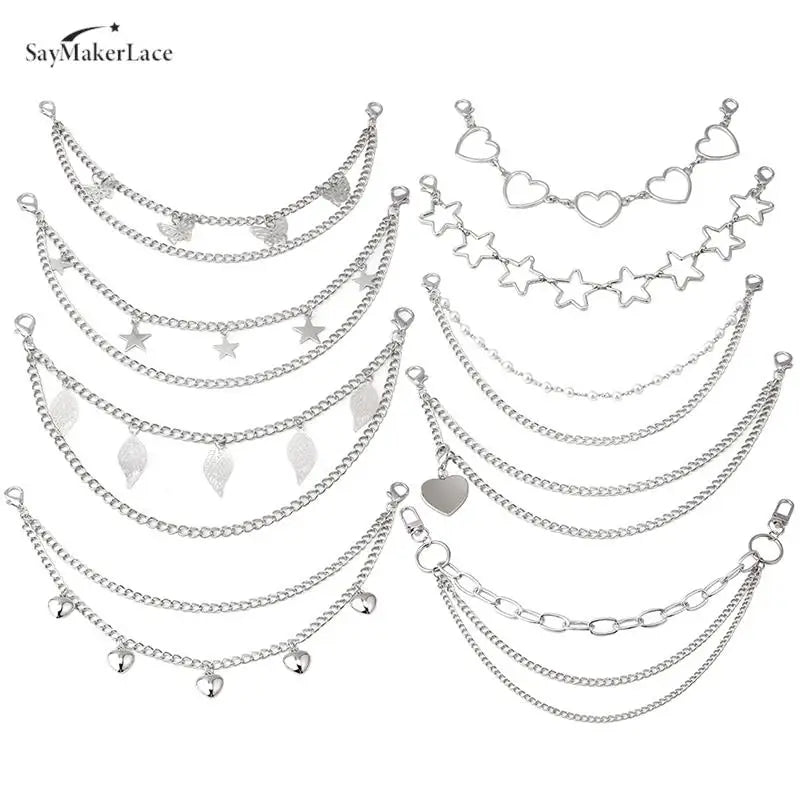 A set of multi-layer silver chain straps featuring various heart and star pendant charms.