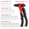 A red manual rivet gun kit showing four sizes of rivets and the tool itself.