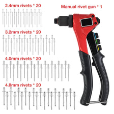 A red manual rivet gun kit showing four sizes of rivets and the tool itself.