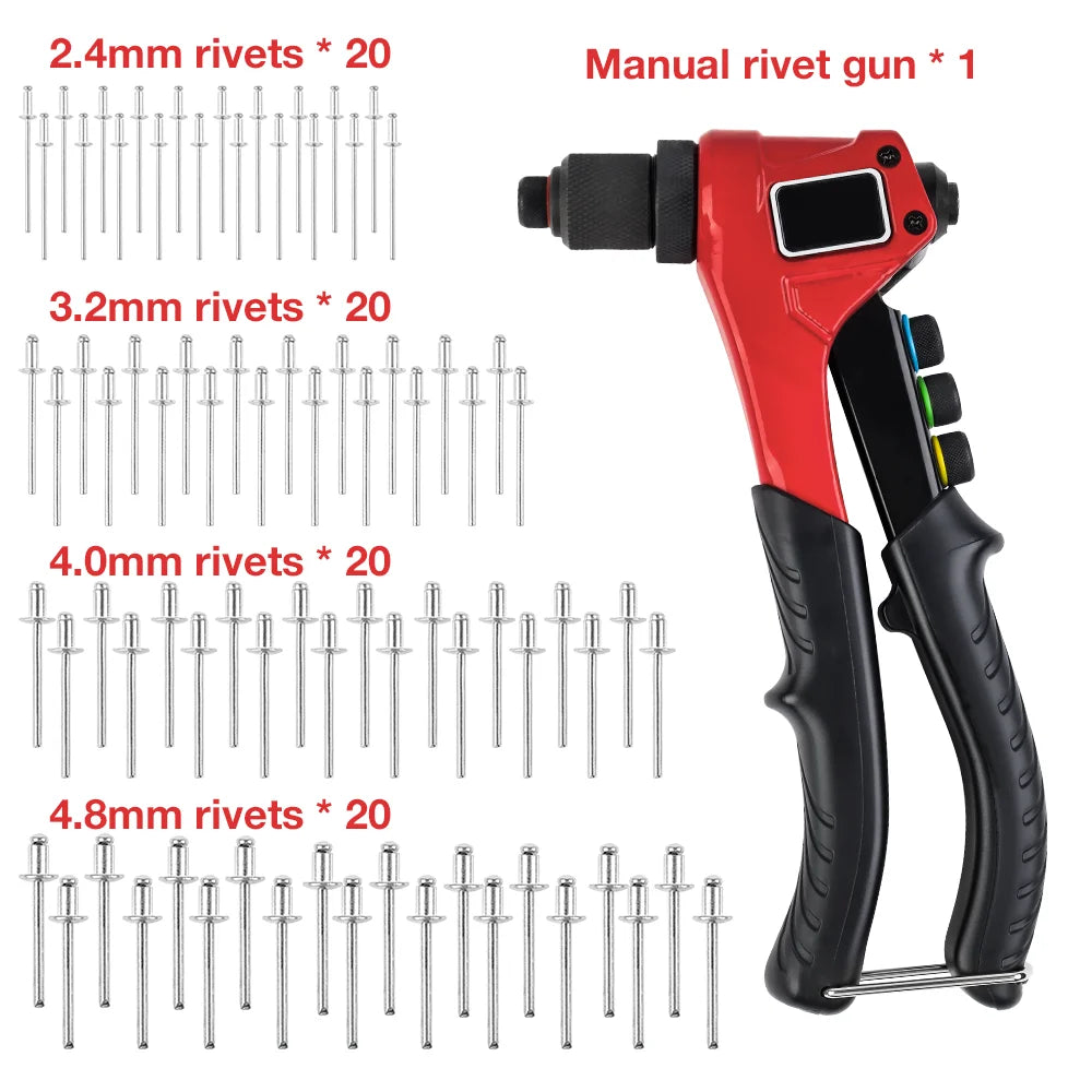 A red manual rivet gun kit showing four sizes of rivets and the tool itself.