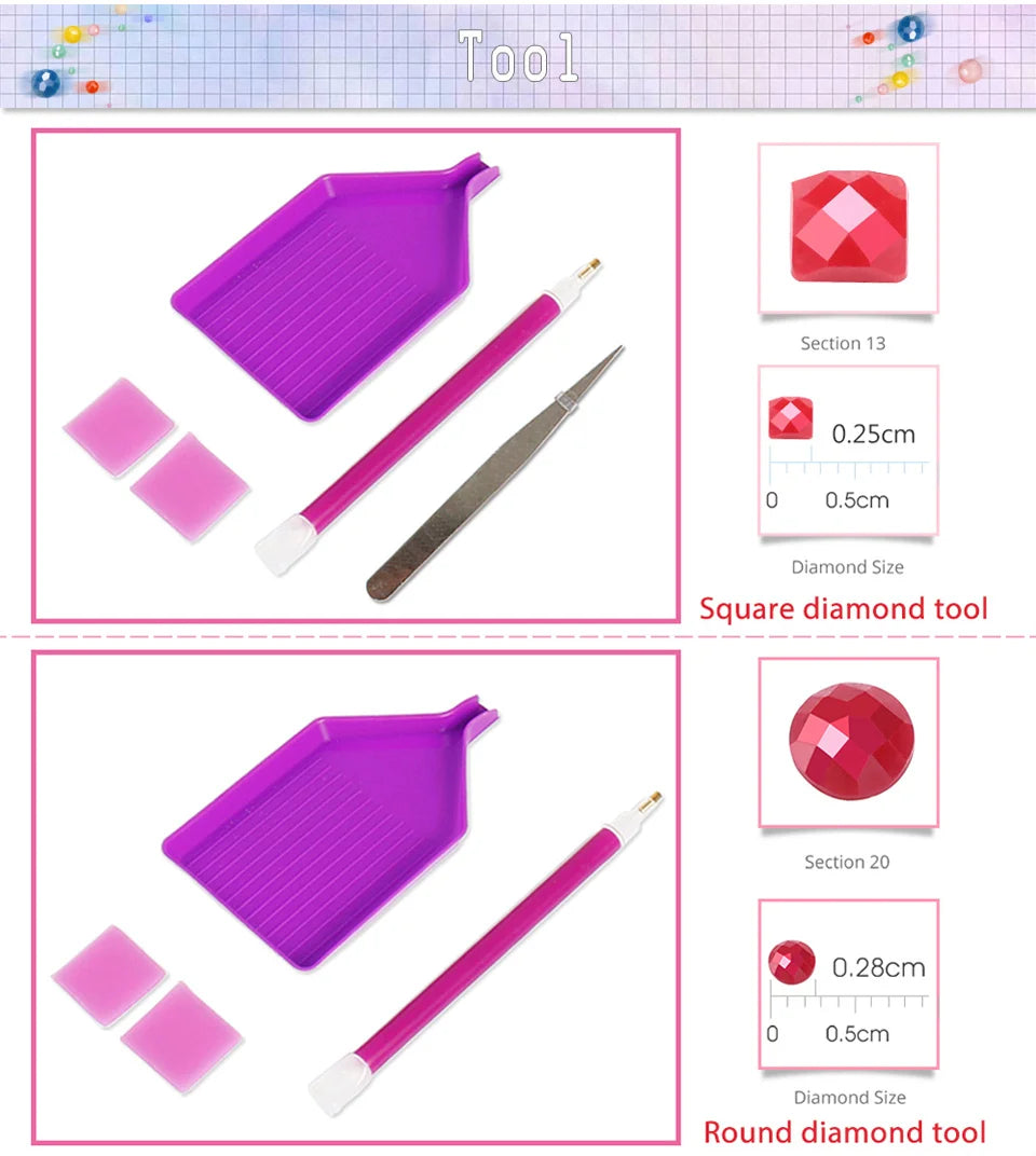 A set of square and round diamond tools used for floral diamond painting kits
