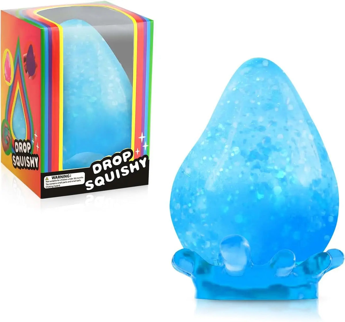 Kluges blaues, weiches Stressball in Tropfenform neben seiner Verpackung.