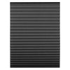 A close-up view of a dark gray pleated cordless paper window blind.