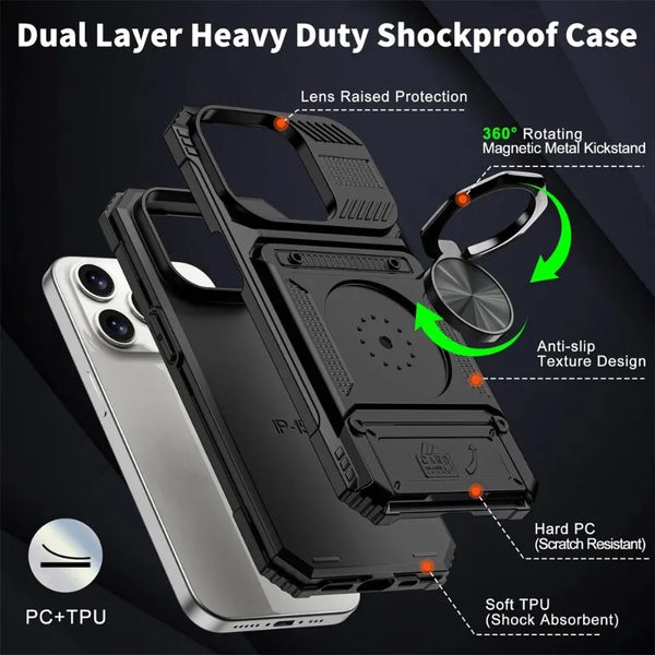 A dual-layer shockproof phone case for an iPhone with a magnetic metal kickstand and anti-slip texture design