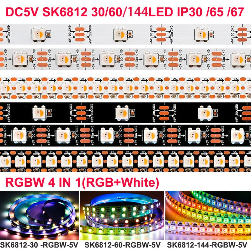 SK6812-30 to 144 RGBW LED strips showing various color options and configurations.
