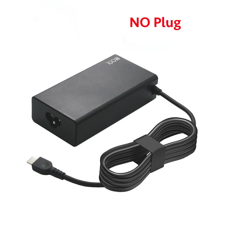 Schwarzer 100W USB-C PD Laptop-Ladegerät mit gewickeltem Kabel, beschriftet NO Plug.