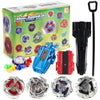 A box and various components of a Metal Assembled Gyro spinning top battle set including launchers and finished tops.