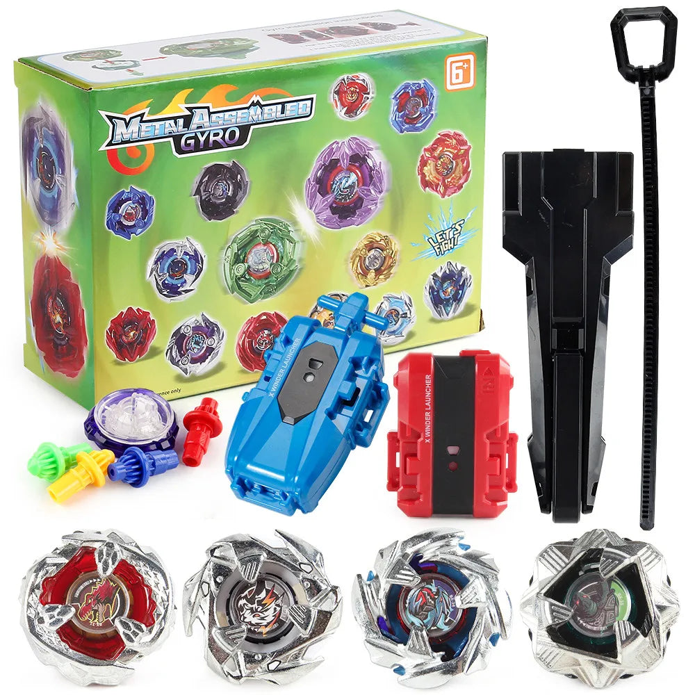 A box and various components of a Metal Assembled Gyro spinning top battle set including launchers and finished tops.