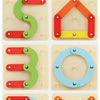 A set of wooden geoboard shapes in various colors and patterns for children's creative fantasy play