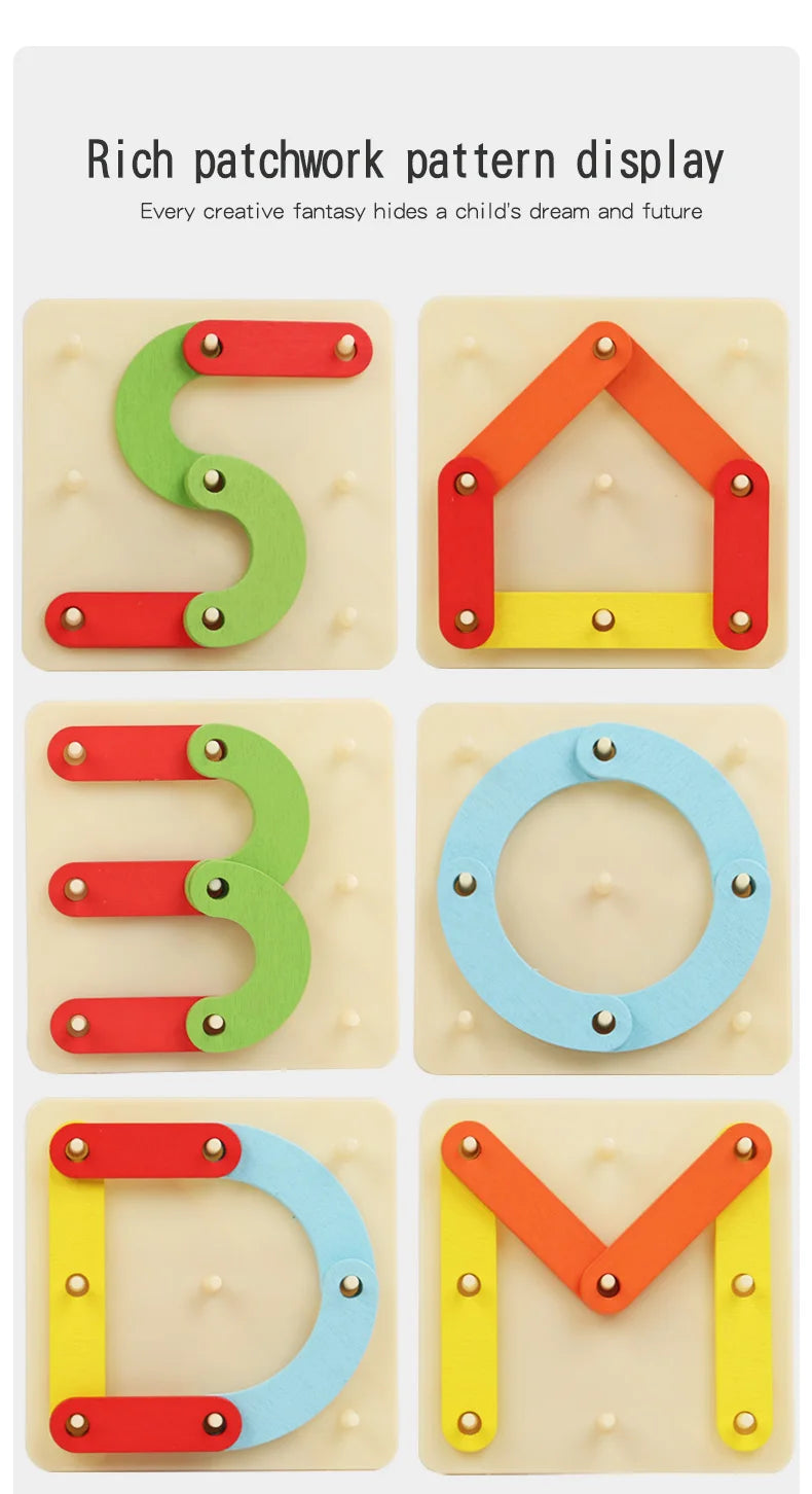 A set of wooden geoboard shapes in various colors and patterns for children's creative fantasy play