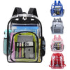 A transparent waterproof shoulder bag featuring multiple compartments for electronics and accessories.