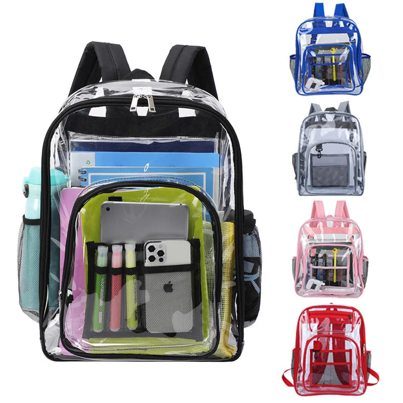 A transparent waterproof shoulder bag featuring multiple compartments for electronics and accessories.