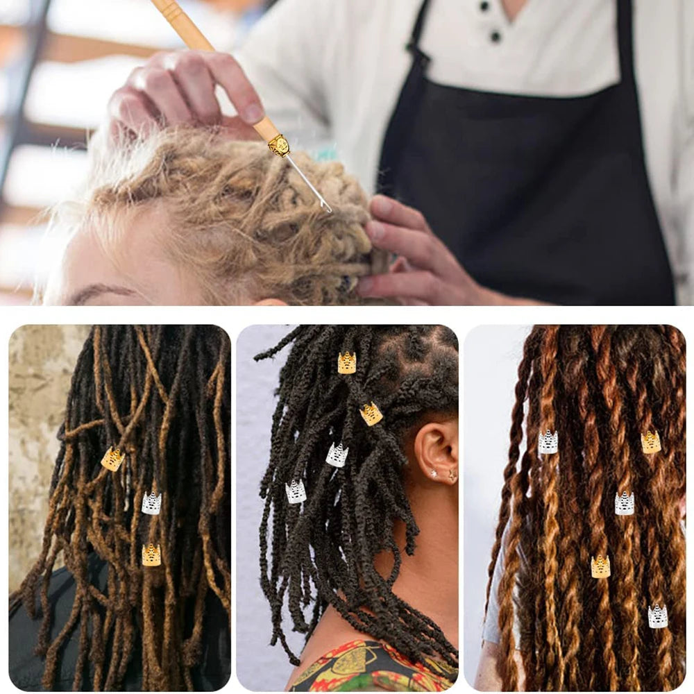 A person is using a plastic latch hook needle set to style dreadlocks or crochet work.