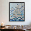 A framed painting depicting a sailboat made of pearls on blue water against a light blue background.