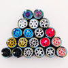 A collection of ten 1:64 scale alloy car wheels and tires arranged in a pyramid formation.
