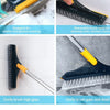 A 2-in-1 floor scrub brush with a squeegee and long handle used for cleaning crevices, grooves, sinks, and kitchen crevices.