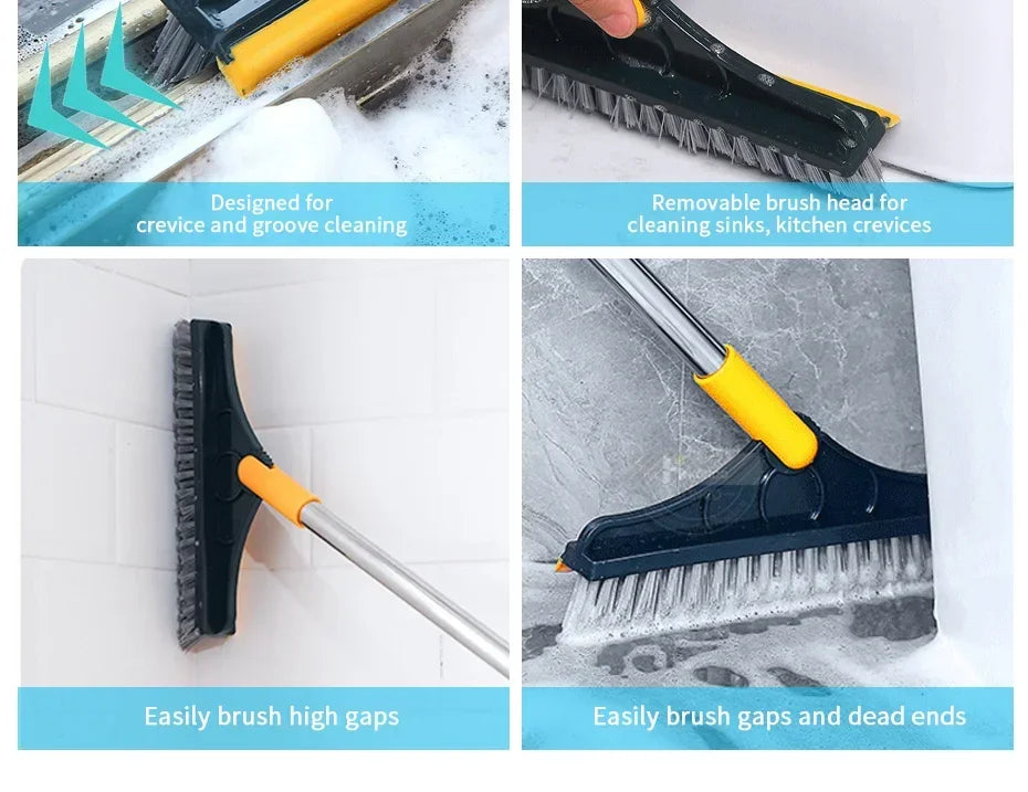 A 2-in-1 floor scrub brush with a squeegee and long handle used for cleaning crevices, grooves, sinks, and kitchen crevices.