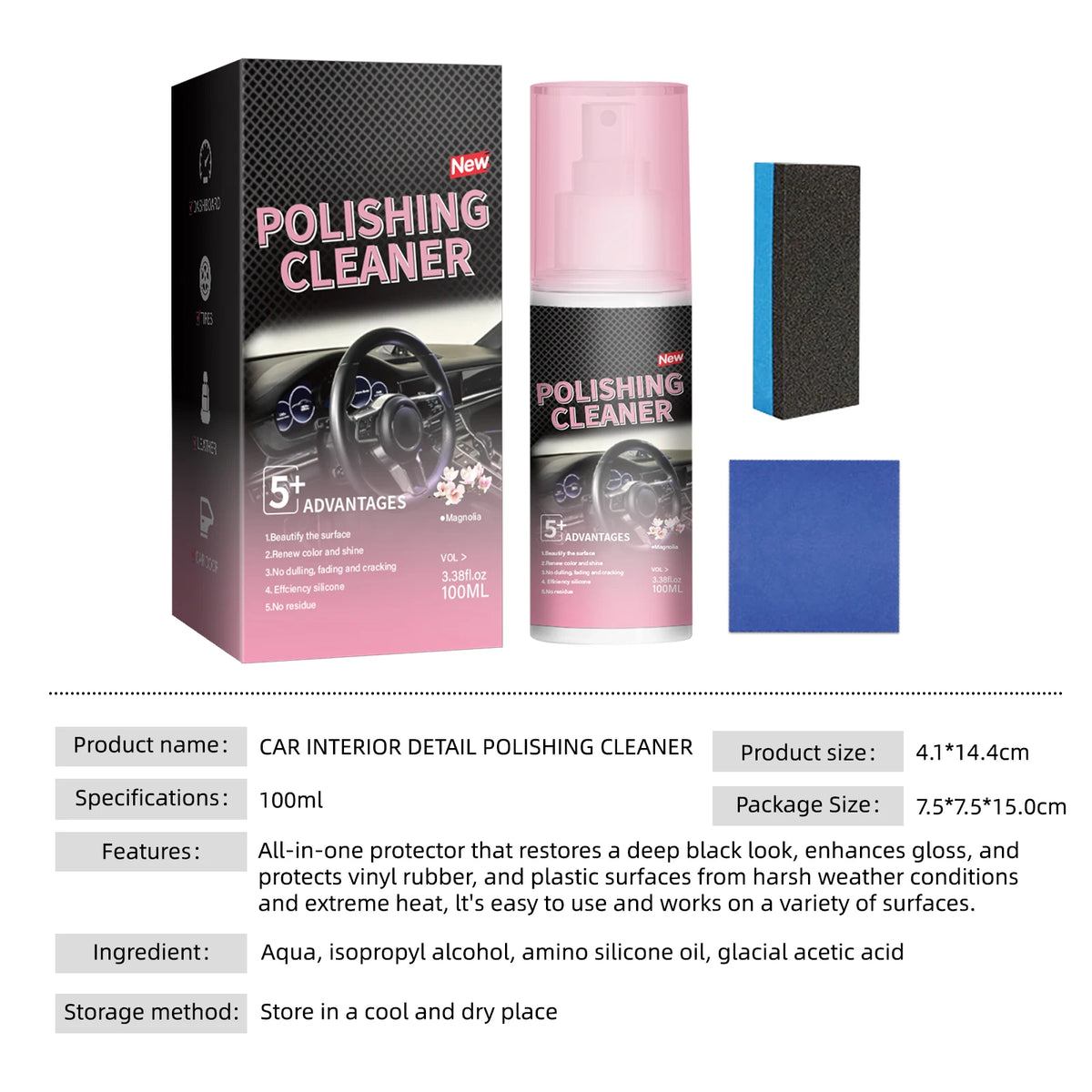 A box and bottle of polishing cleaner for car interior detail, along with a black storage container.
