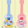 A pair of mini playable ukulele toy guitars for kids, one blue and one pink, shown with dimensions.