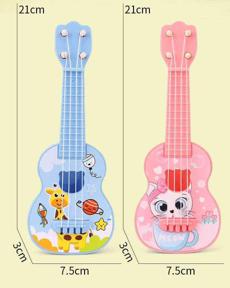 A pair of mini playable ukulele toy guitars for kids, one blue and one pink, shown with dimensions.
