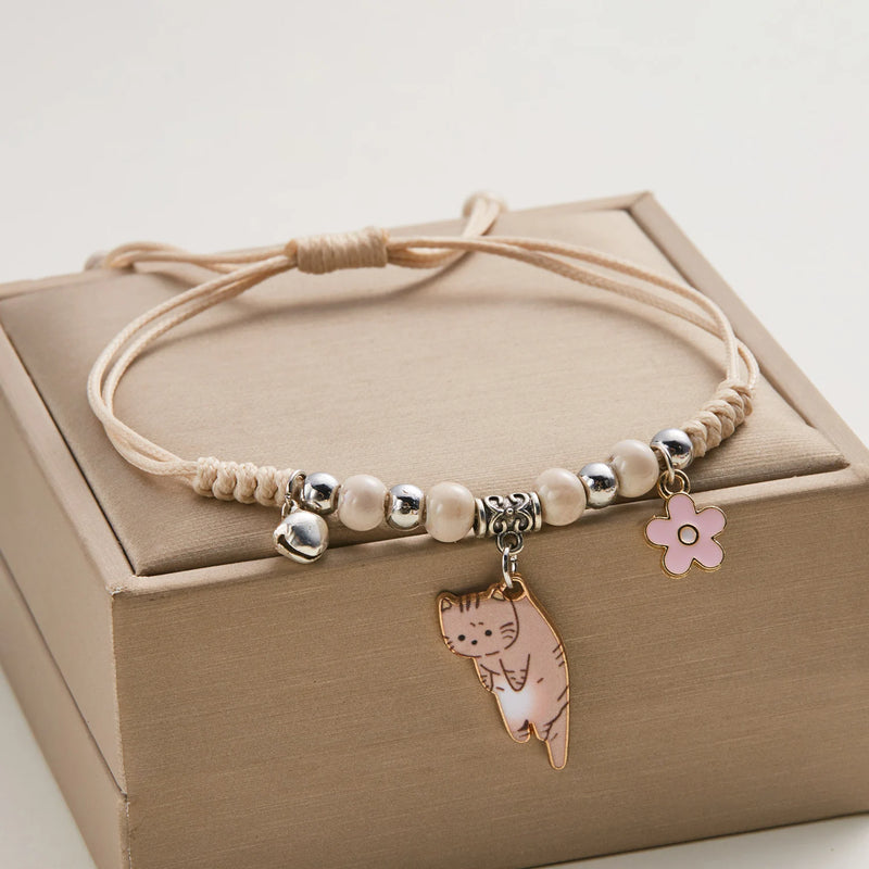 Enamel Cat & Flower Charm Bracelet