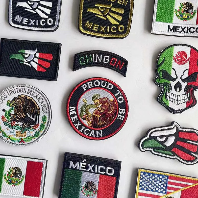 A collection of tactical patches featuring Mexican flag designs, including an eagle skull and various national symbols.
