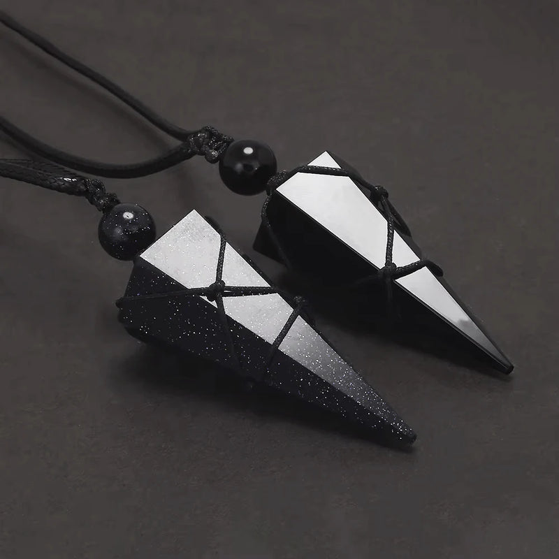 Geometric Natural Stone Pendant Necklace with Adjustable Leather Cord