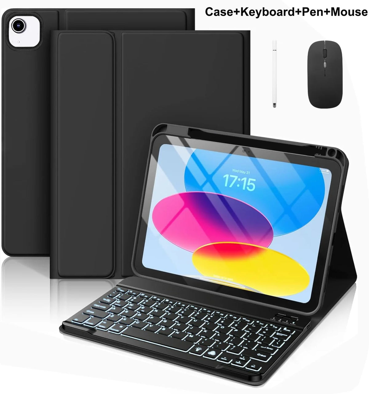 A black multi-angle keyboard case for an iPad, shown with a separate keyboard, pen, and mouse.