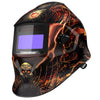 A black welding helmet featuring a fiery, dark design and a large LCD screen.