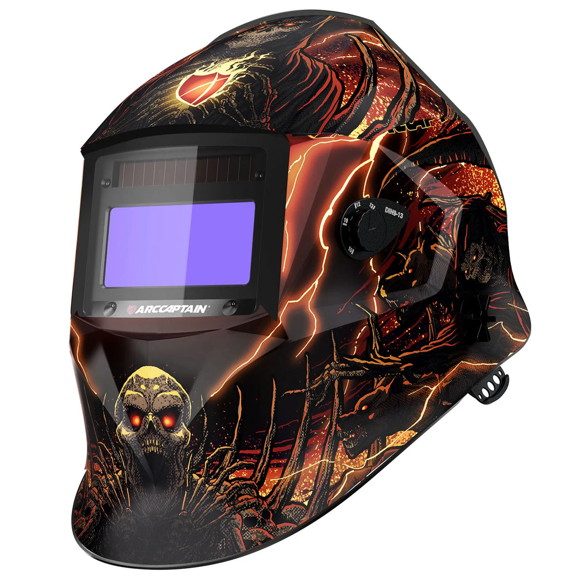 A black welding helmet featuring a fiery, dark design and a large LCD screen.