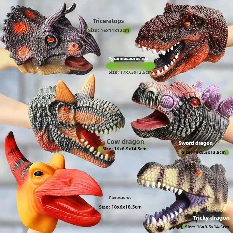 A collection of realistic dinosaur hand puppets including Triceratops, Tyrannosaurus rex, Cow dragon, Sword dragon, and Ptero