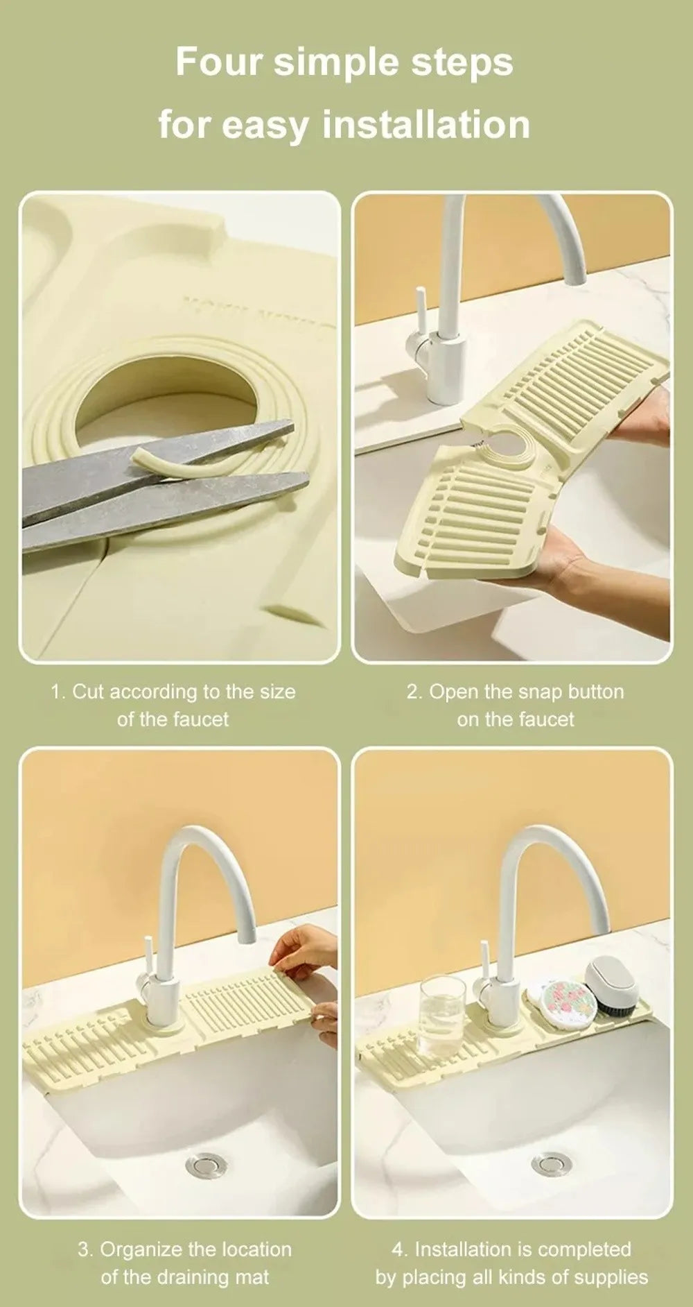 Four steps for easy installation of a silicone faucet draining mat with a raised edge