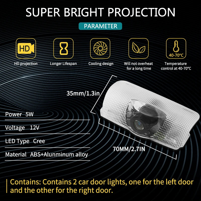 A clear plastic LED car door logo projector with a lens and housing for illuminating vehicle doors.