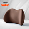 Brown memory foam car headrest and lumbar support pillow shown on a white surface.