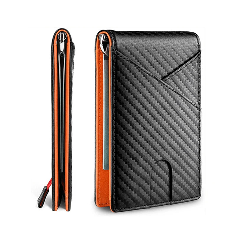 A black carbon fiber wallet with an orange accent, shown open and closed.