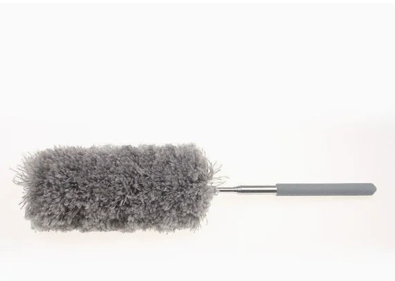 A gray extendable microfiber duster with an adjustable handle.
