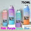 A set of three 750ml portable sports water bottles in pink, purple, green, and blue colors.