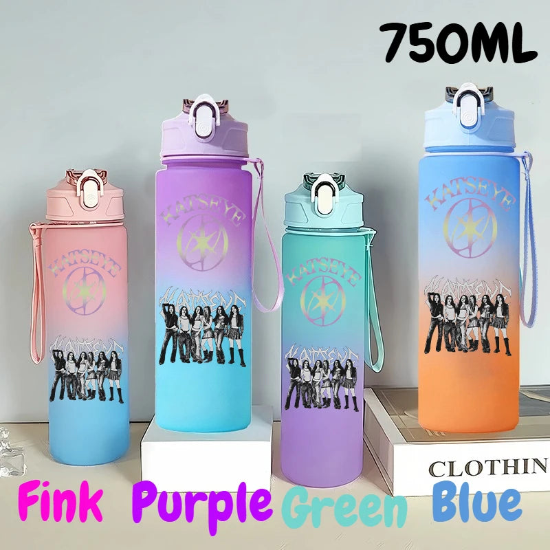 A set of three 750ml portable sports water bottles in pink, purple, green, and blue colors.