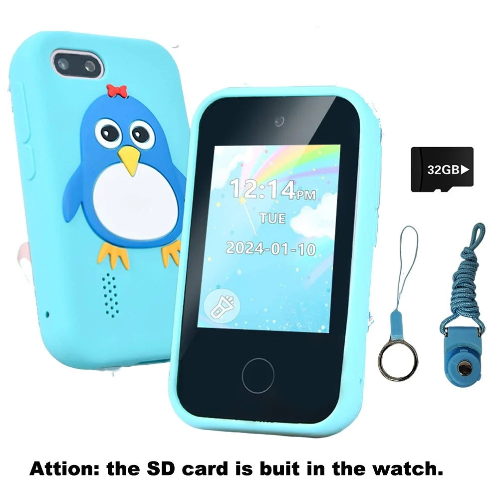 Helles blaues Smart-Spielzeugtelefon mit Eulen-Design und abnehmbarem Kameramodul.