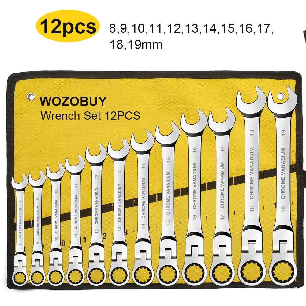 Metric Ratcheting Wrench Set with Flex-Head and Carry Bag