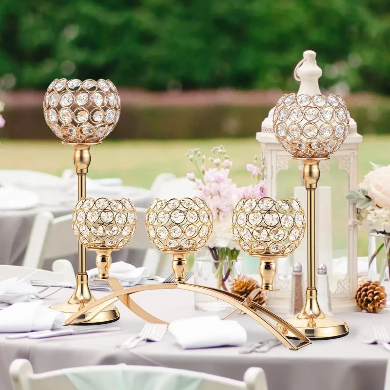 Gold 3-Arm Candelabra with Crystal Bowls for Elegant Table Decor
