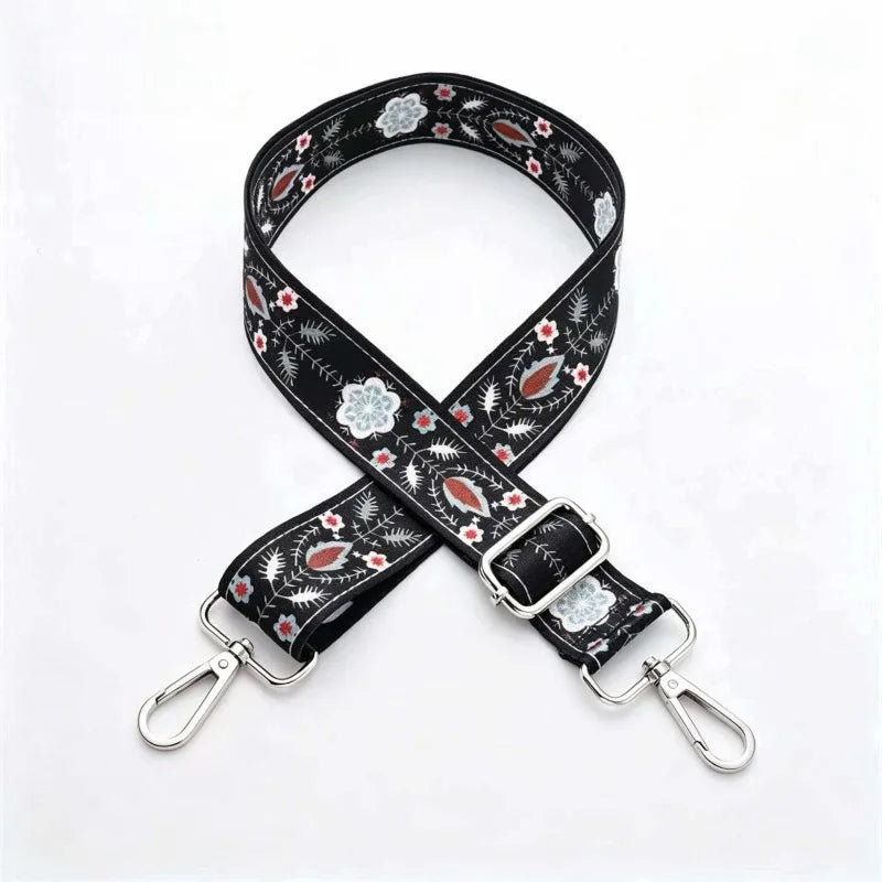 Black and white floral patterned adjustable crossbody bag strap