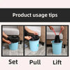 Three steps for using scented drawstring trash bags: Set, Pull, and Lift.