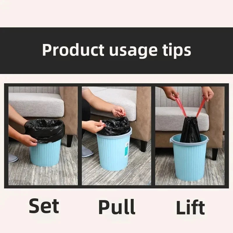 Three steps for using scented drawstring trash bags: Set, Pull, and Lift.