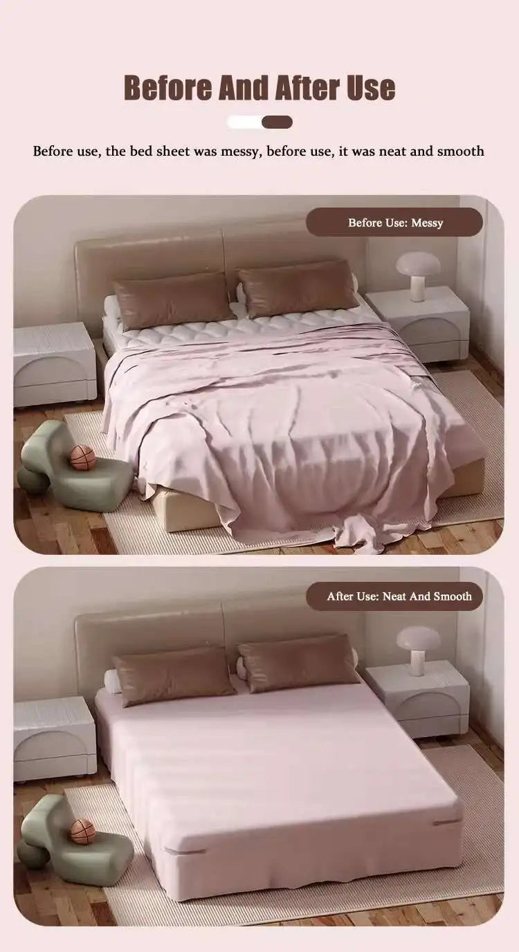 Before and after comparison showing a messy bed sheet versus a neat and smooth bed using no-slip holder clips.
