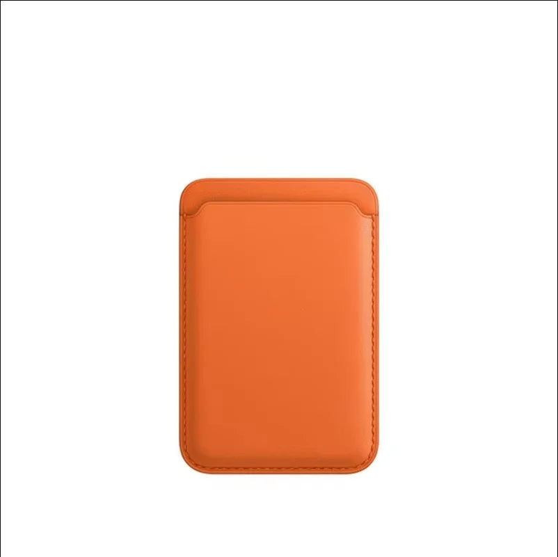 A rectangular orange leather wallet case designed for MagSafe compatibility.