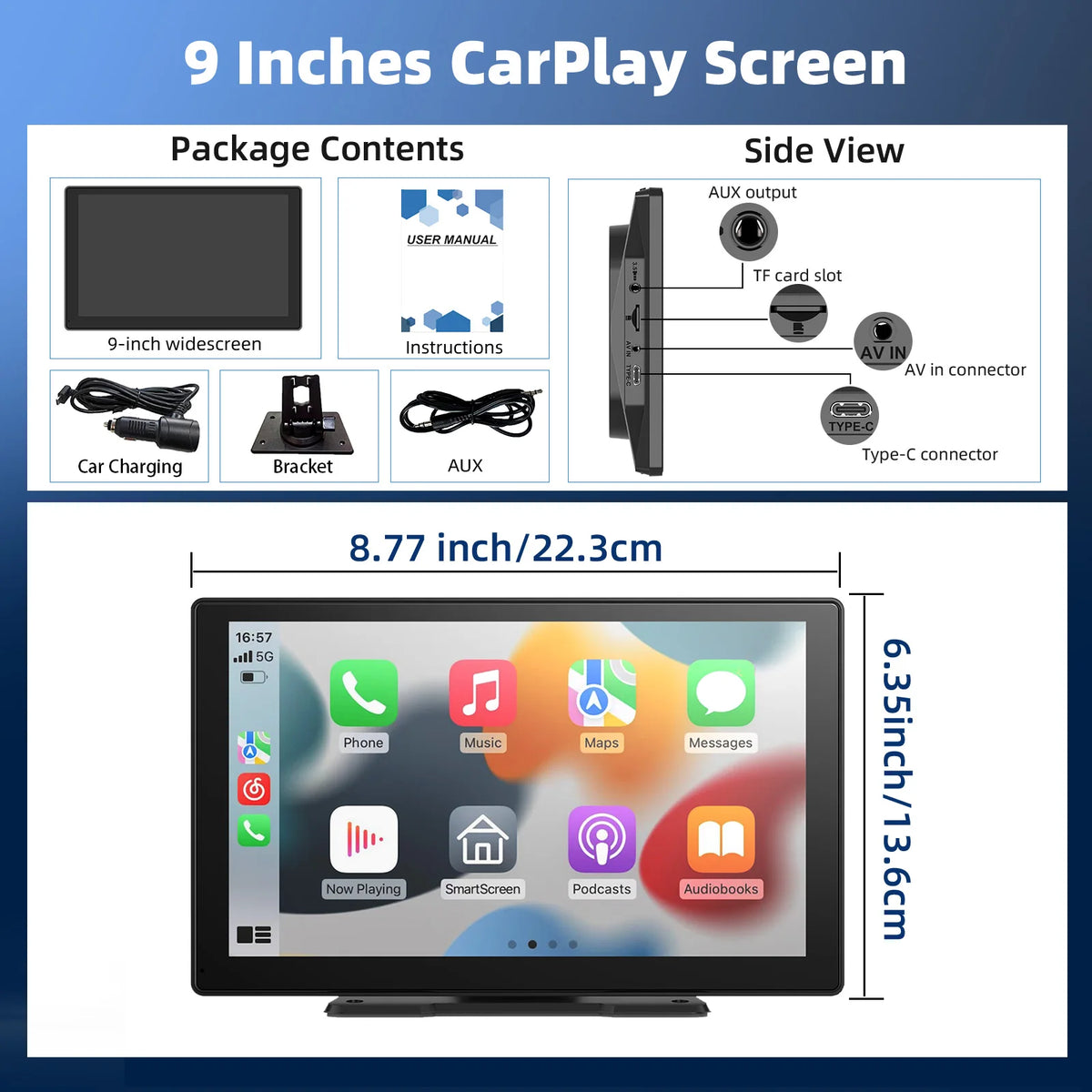 Écran Sans Fil CarPlay & Android Auto de 9 Pouces