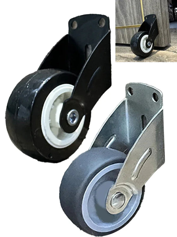 A black door bottom support wheel with a white roller and a silver mounting bracket.