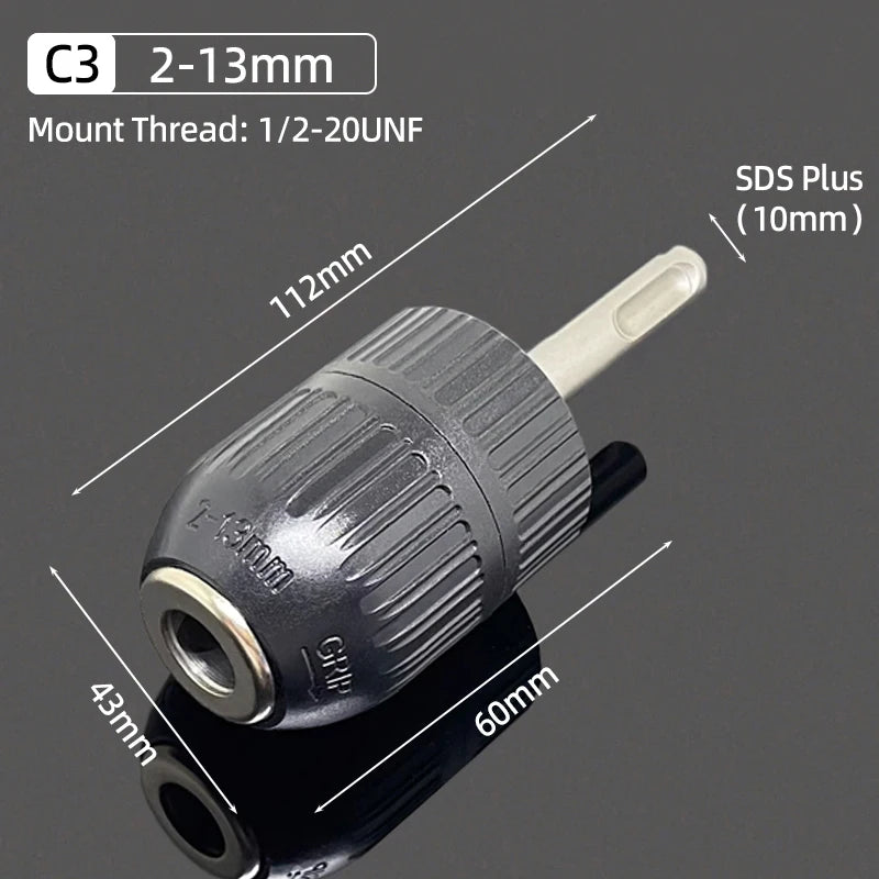 A close-up view of a C3 drill chuck with a 2-13mm shank, featuring a 1/2-20 UNF mount thread and an SDS Plus adapter.