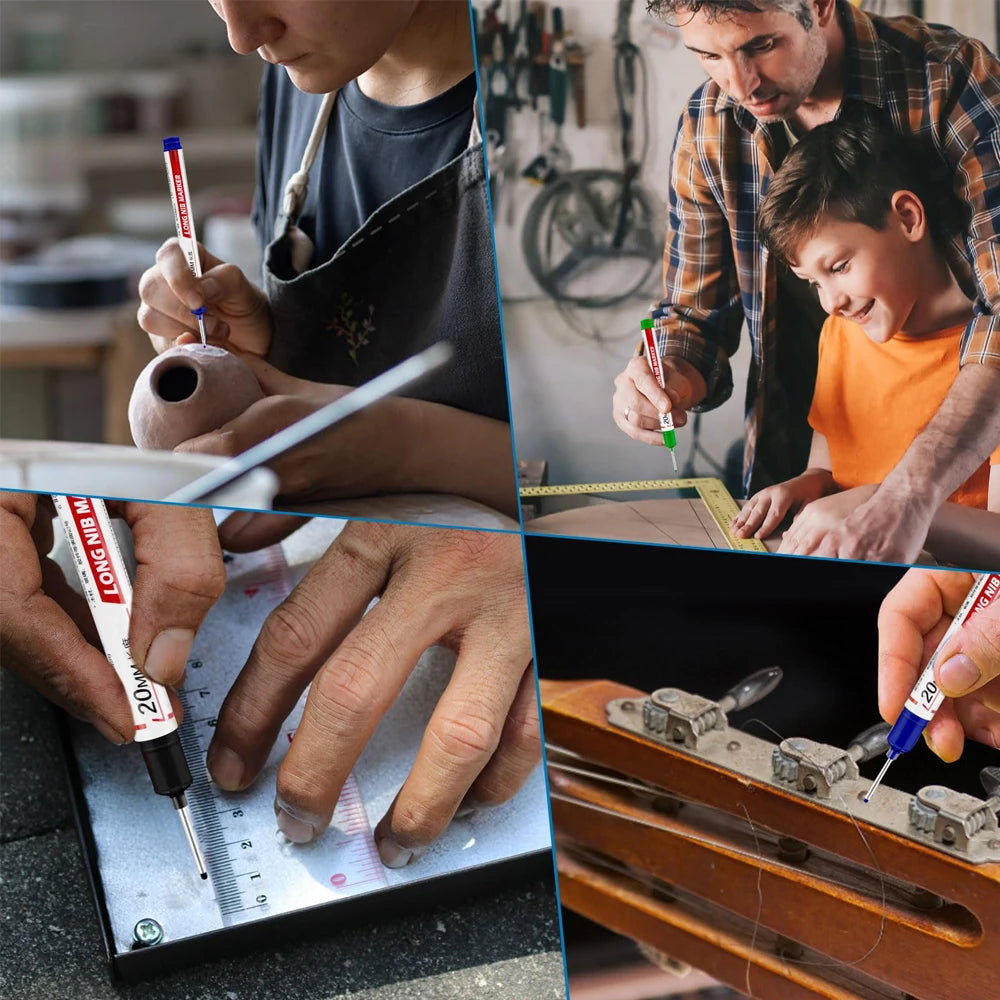 Hands are using a Long-Head Waterproof Deep Hole Marker on a wooden surface for woodworking or construction.